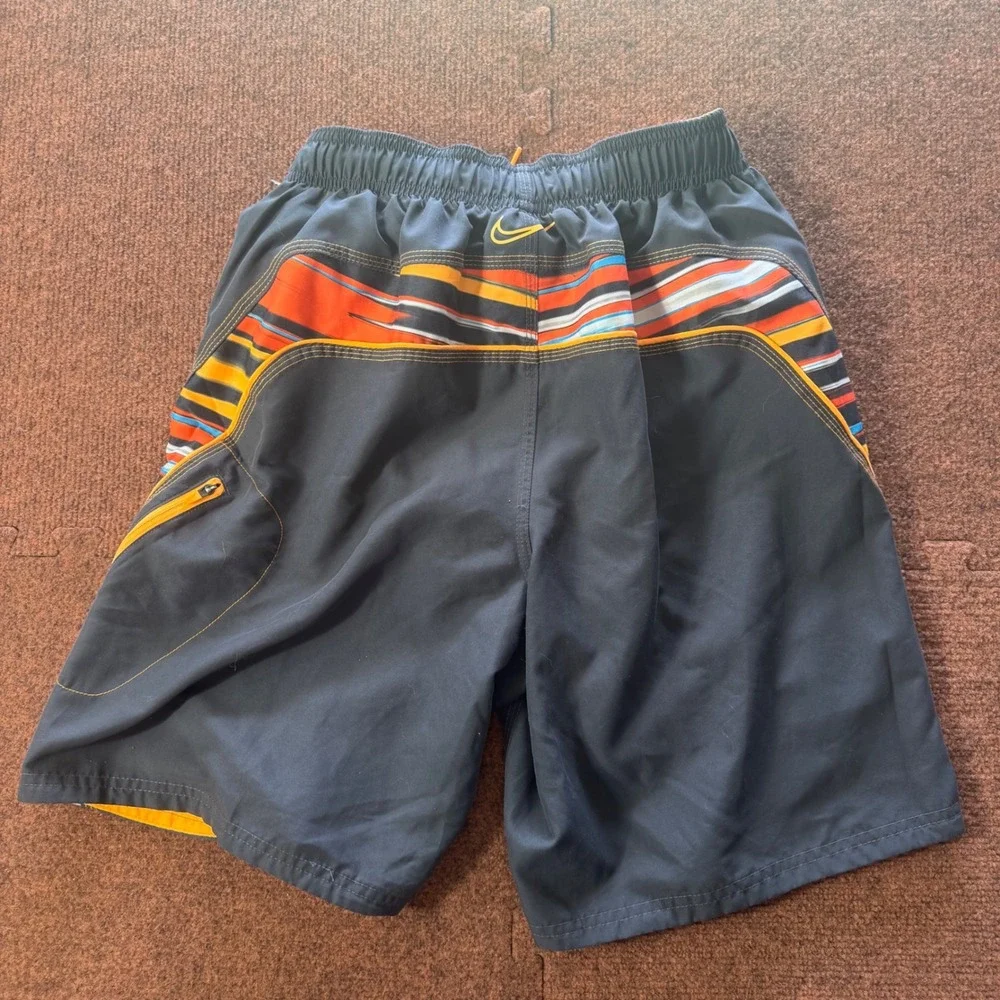 Nike Mens Swim Trunks Small Black Orange Striped Board Shorts Mesh Lined A+ beac